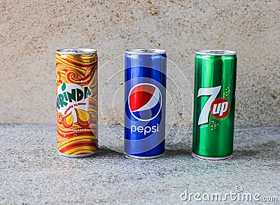 Assorted soft drinks can with 7up, pepsi and mirinda isolated on background top view cold drinks Editorial Stock Photo