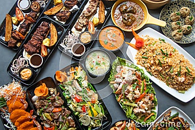 Assorted south indian food, Mutton Brain Masala, Chicken Tangdi, Chicken Reshmi tikka, Chicken karahi, Beef Nehari , Beef Bihari Stock Photo