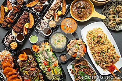 Assorted south indian food, Mutton Brain Masala, Chicken Tangdi, Chicken Reshmi tikka, Chicken karahi, Beef Nehari , Beef Bihari Stock Photo