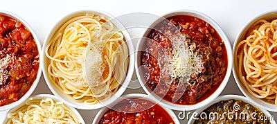 Assorted spaghetti dishes with various pastas and sauces on white background, copy space available Stock Photo