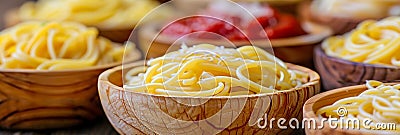 Assorted spaghetti dishes with various pastas and sauces on white background, for text placement. Stock Photo