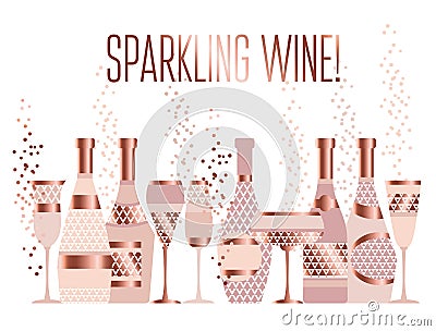 Assorted sparkling wine glasses and bottles. champagne concept f Vector Illustration