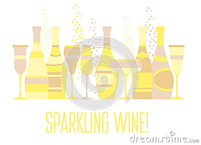 Assorted sparkling wine glasses and bottles. champagne concept f Vector Illustration