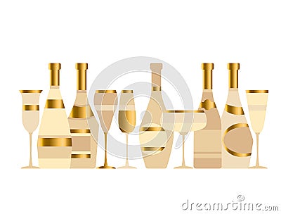 Assorted sparkling wine glasses and bottles. Vector Illustration