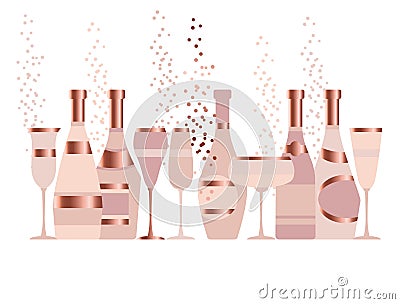 Assorted sparkling wine glasses and bottles. Vector Illustration