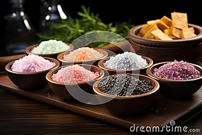 Assorted speciality salt. Generative AI Stock Photo