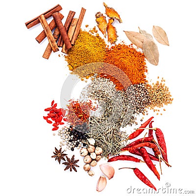 Assorted of spices black pepper ,white pepper,fenugreek,cumin ,bay leaf ,cinnamon stick,thyme,goji berry,safflower,rosemary curry Stock Photo