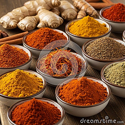 Assorted spices in small bowls display a rich array of colors, including yellows, reds, Stock Photo
