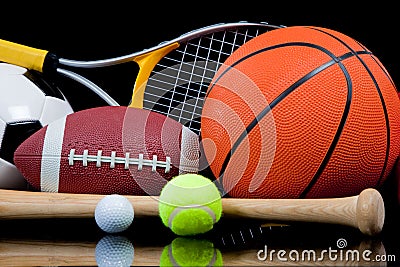 Assorted Sports Equipment on Black Stock Photo