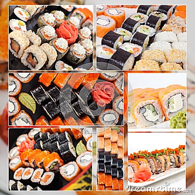 Assorted sushi big collage photo set Stock Photo