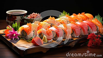 Authentic asian cuisine: fresh sushi and seafood dish with healthy rice on a dark background Stock Photo