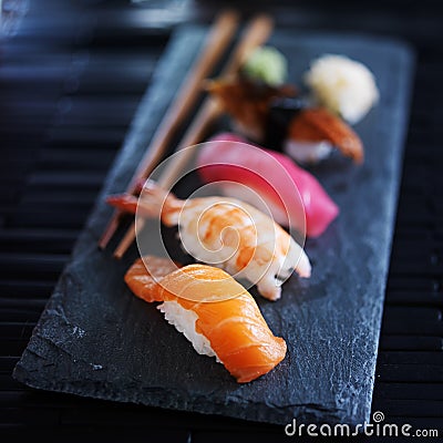 Assorted sushi nigiri on slate Stock Photo