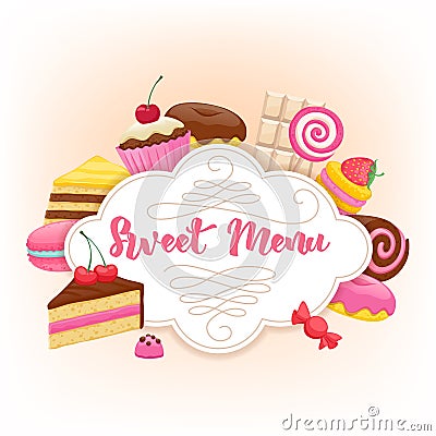 Assorted sweets colorful background. Sweet menu design. Vector Illustration