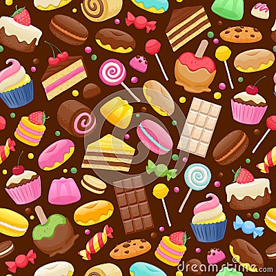 Assorted sweets colorful seamless background. Vector Illustration