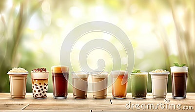 Assorted tapioca bubble teas on blurred coffee shop background with space for text placement Stock Photo