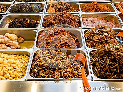 Assorted of traditional Korean fermented food on the counter in Gwangjang Market. Seoul, South Korea Stock Photo