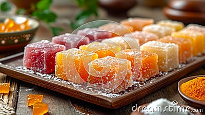 Assorted Turkish delights dusted with icing sugar on a wooden serving board. Concept of traditional Turkish confections Stock Photo