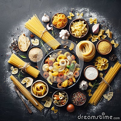 Assorted types of pasta on black background. Top view. Various forms of pasta Stock Photo