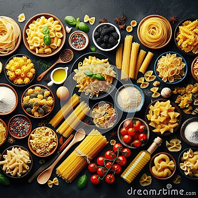 Assorted types of pasta on black background. Top view. Various forms of pasta Stock Photo