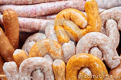Assorted types of sausages Stock Photo