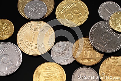 Assorted Ukrainian Coins On A Black Background Stock Photo