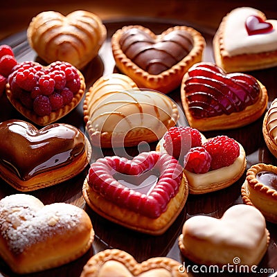 Assorted variety of heart shaped pastries, a sweet treat to celebrate romance, love and Valentine's day Stock Photo