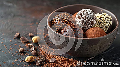 Assorted vegan truffles with cocoa and nuts in elegant display on dark background Stock Photo