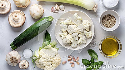 Assorted vegetables and seasonings on a light surface for cooking. Stock Photo