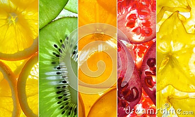 Assorted vertical collage of 5 back lit fruit slices Stock Photo