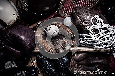 Assorted vintage sports equipment Stock Photo