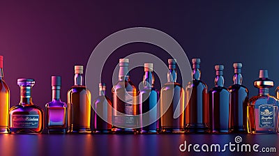 Assorted whiskey bottles on purple gradient backdrop, frontal view for elegant display Stock Photo