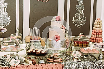 Assortie of the sweets and desserts on the wedding Stock Photo