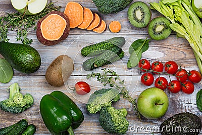 Assortment of alkaline food on wooden background Stock Photo