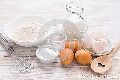 Assortment of basic baking ingredients for cake, muffins or pancakes Stock Photo