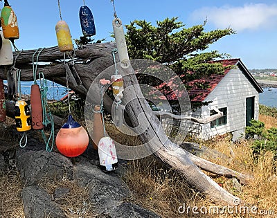 Floats on a tree by Battery Point Lighthouse. Stock Photo