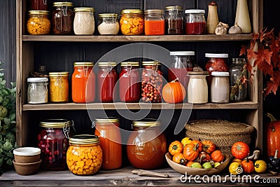 Assortment of canned preserves. A rustic pantry with shelves stocked with jams and jars filled with autumn fruits Cartoon Illustration