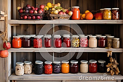 Assortment of canned preserves. A rustic pantry with shelves stocked with jams and jars filled with autumn fruits Cartoon Illustration