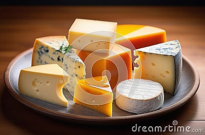 Assortment of cheeses cut into pieces Stock Photo