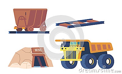 Assortment Of Coal Miner Attributes Such As Railway Trolley, Truck And Quarry Entrance Promoting Mining Work Vector Illustration