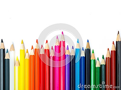 Assortment of colored pencils abstract isolated on white background Stock Photo