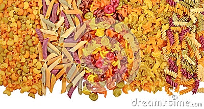 Assortment of colored uncooked italian pasta on a white Stock Photo