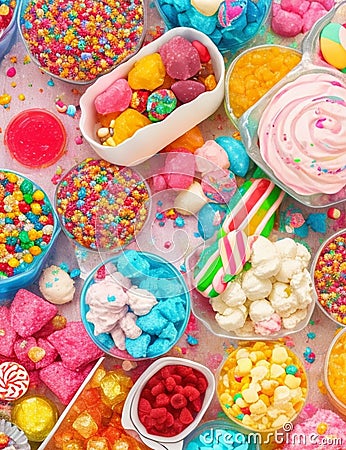 an assortment of colorful, festive sweets, ice cream and candy in a panoramic orientation Stock Photo