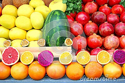 Assortment colorful fruits, Carmel market, Tel Aviv Stock Photo