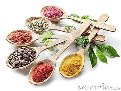 Assortment of colorful spices in the wooden spoons Stock Photo