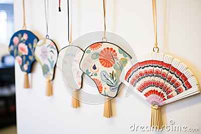 assortment of decorative hand fans on hooks Stock Photo