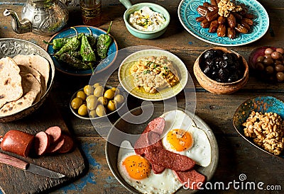 Assortment of delicious arabic and turkish breakfast plates Stock Photo