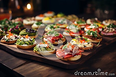 Assortment of delicious canapes on wooden board. Festive banquet service, catering food or buffet. Generative AI Stock Photo