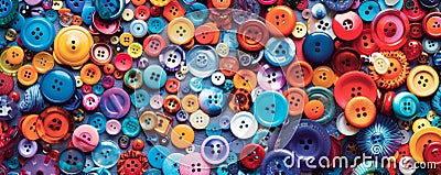 An assortment of different colorful buttons scattered across a fabric surface. The buttons vary in Stock Photo