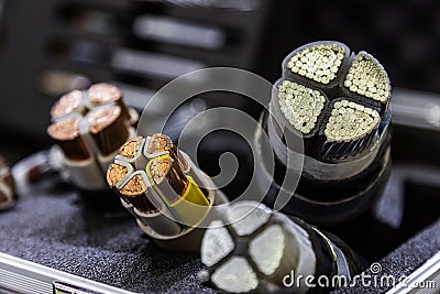 assortment of different stranded copper and brass wires for various purposes Stock Photo