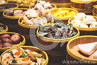 Assortment of different types of asian traditional street food in Shangha streeti, China Stock Photo